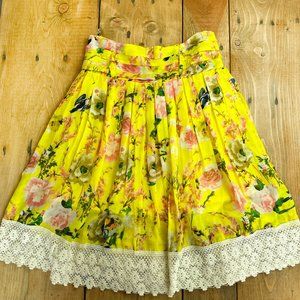 Floral Yellow Midi Skirt with Lace Trim